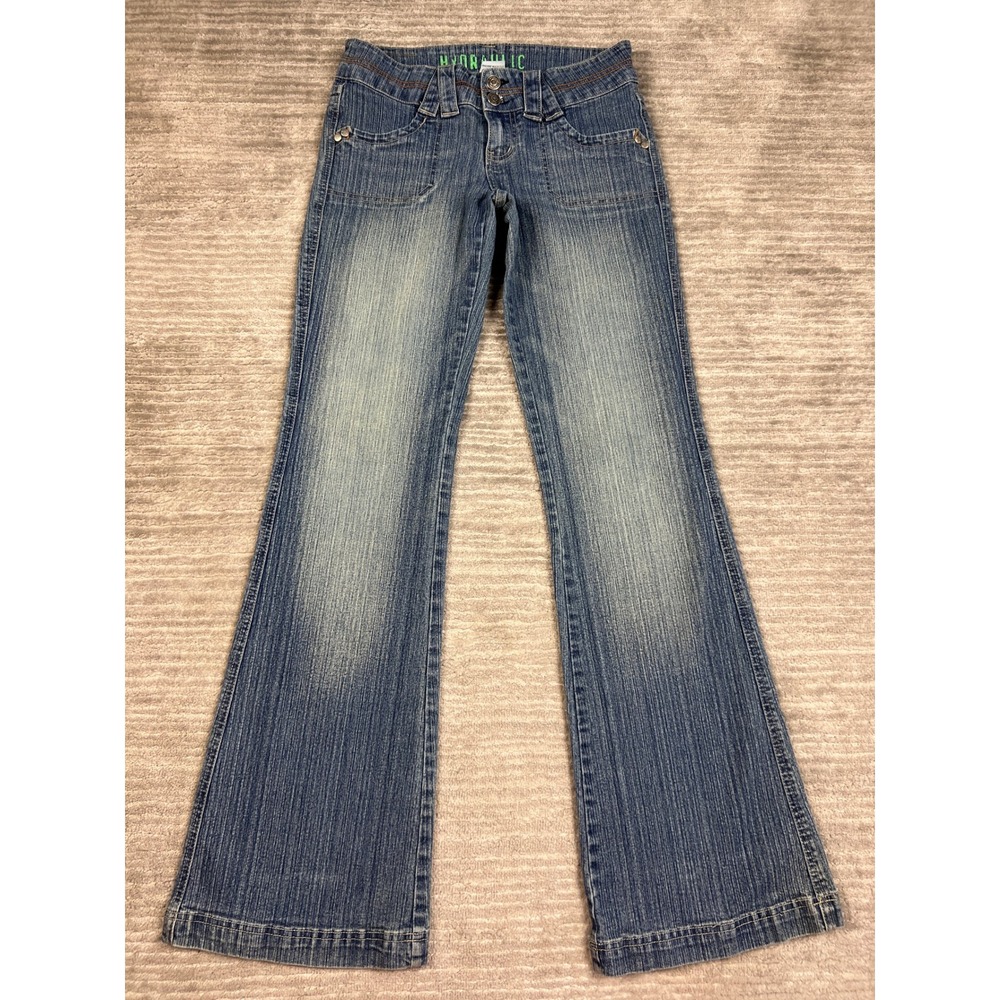 Hydraulic Jeans Women 5/6 Blue Flare Low Rise Y2K Stretch Denim Patch Pockets